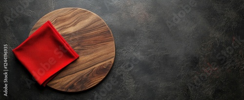 Minimal background with a round wooden pizza board and a red napkin on a dark stone table, top view with copy space . 