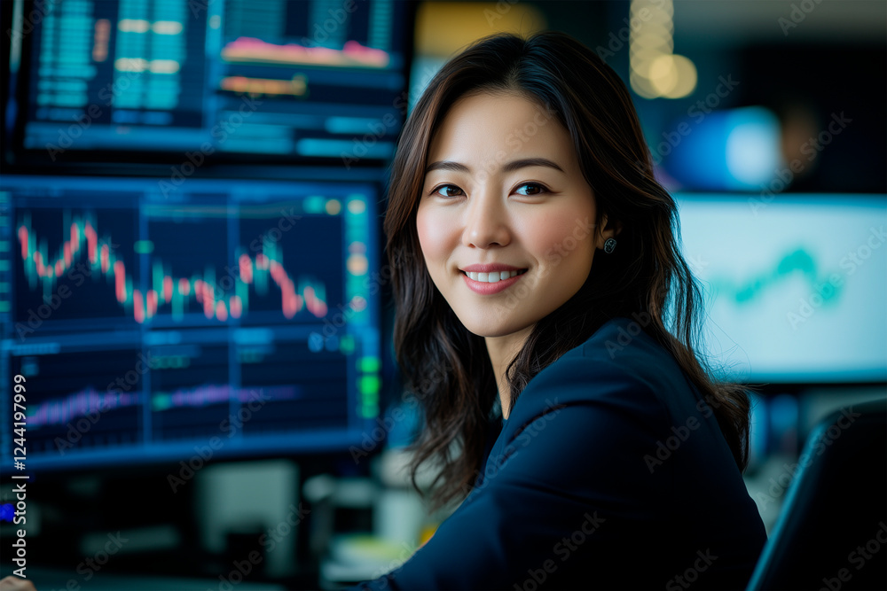 Smiling Asian Female Stock Trader at Work
