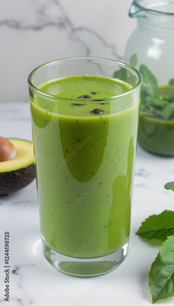 Creamy green smoothie with avocado and mint in tall glass Creamy green smoothie with avocado and mint in tall glass