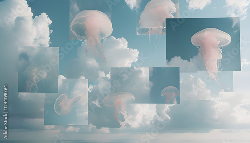 surreale immagine di trasparenti meduse che volano in un cielo pieno di nuvole, surreal image of transparent jellyfish flying in a sky full of clouds