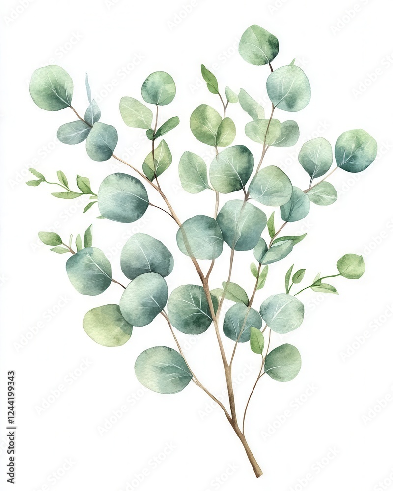 Obraz premium Eucalyptus Branch with Green Leaves Watercolor Illustration Isolated on White Background