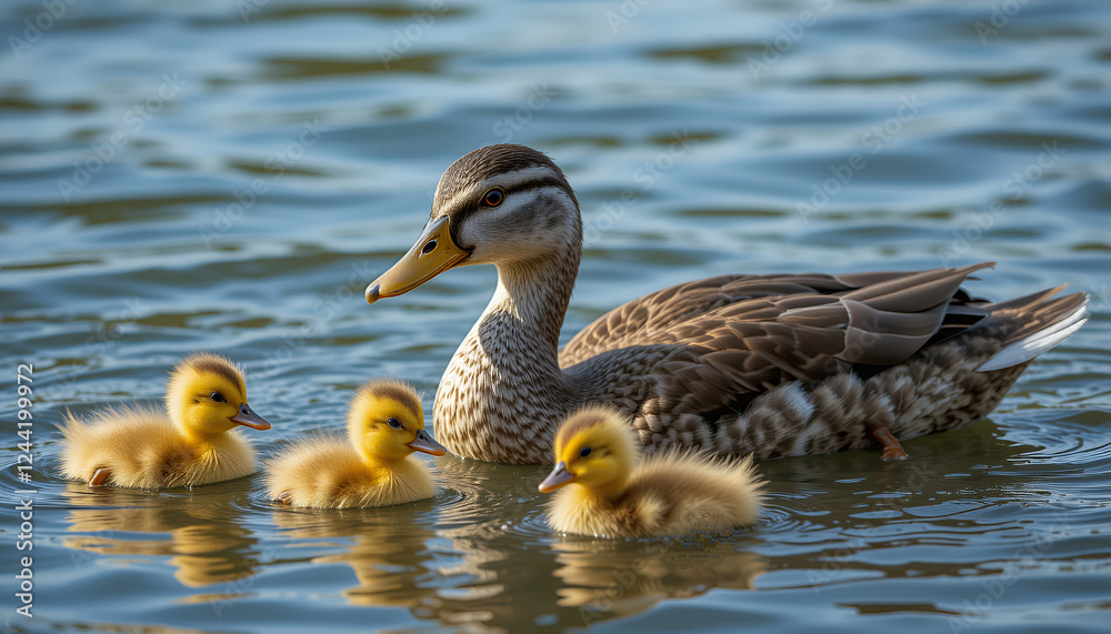 Duck Swimming with Adorable Ducklings in a Peaceful Pond Duck Swimming with Adorable Ducklings in a Peaceful Pond
