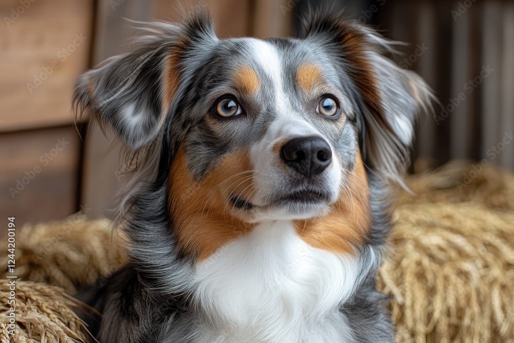 Fototapeta premium Farm dog relaxes in cozy barn setting against a rustic backdrop of hay