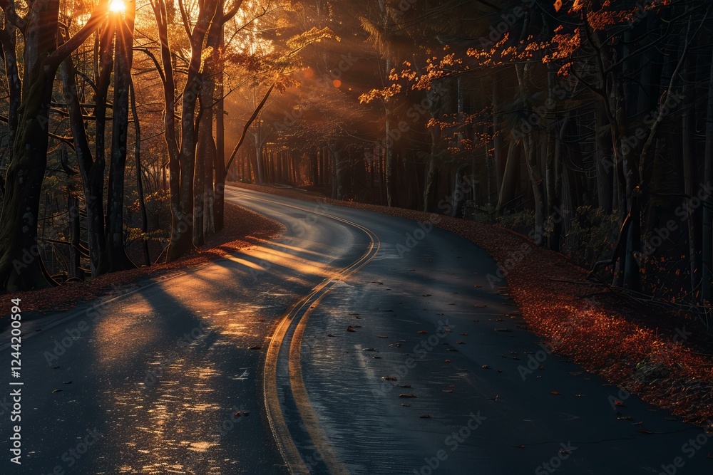Sun shining through trees on winding road during autumn season Sun shining through trees on winding road during autumn season