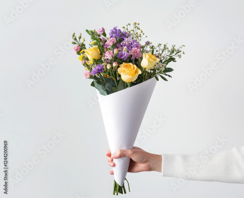 Woman hand holding bouquet of colorful flowers with mockup of blank wrapping paper to add your own information isolated on white background.