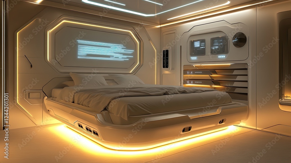 Fototapeta premium A tech-inspired bedroom with a futuristic modular bed strategically embedded into a recessed wall system