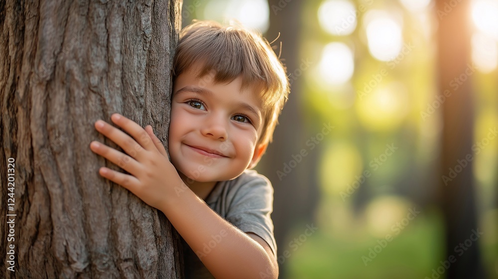 cute child hugging tree, spring, love and care for nature cute child hugging tree, spring, love and care for nature
