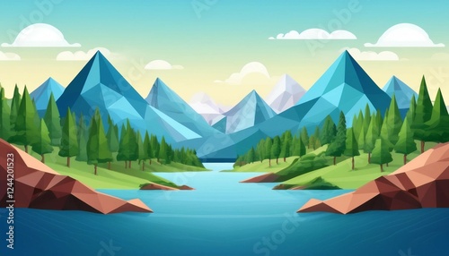 low poly mountains and serene river landscape