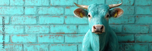 Brightly colored cow in front of a turquoise brick wall creating a striking visual impact photo