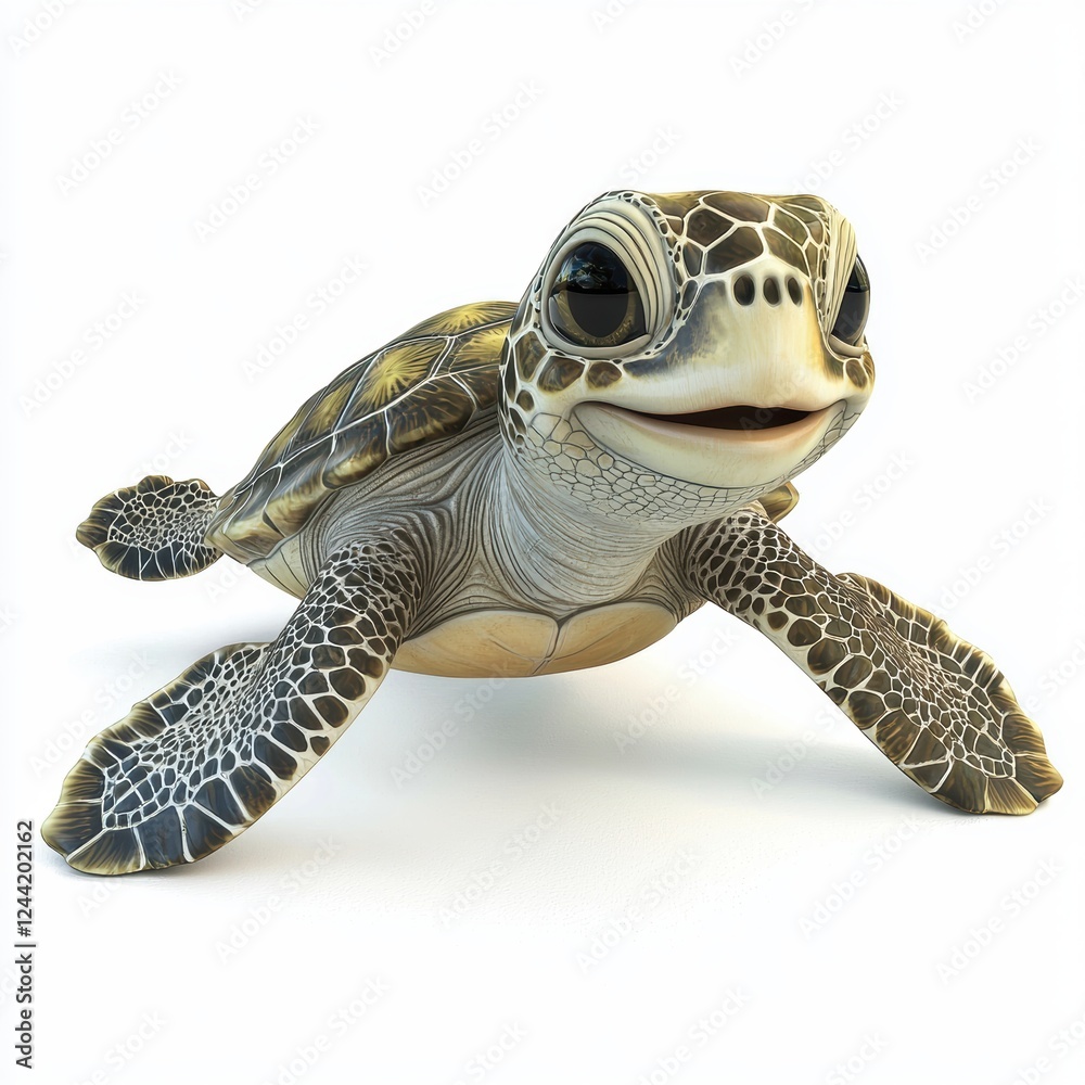 Fototapeta premium Smiling sea turtle swimming with tiny flippers, isolated on white background