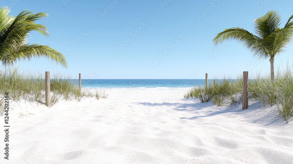 Tropical beach path, ocean view, sunny day, travel poster Tropical beach path, ocean view, sunny day, travel poster