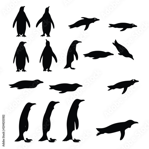 A collection of black silhouette images of penguins in different poses, showcasing them standing, walking, and swimming