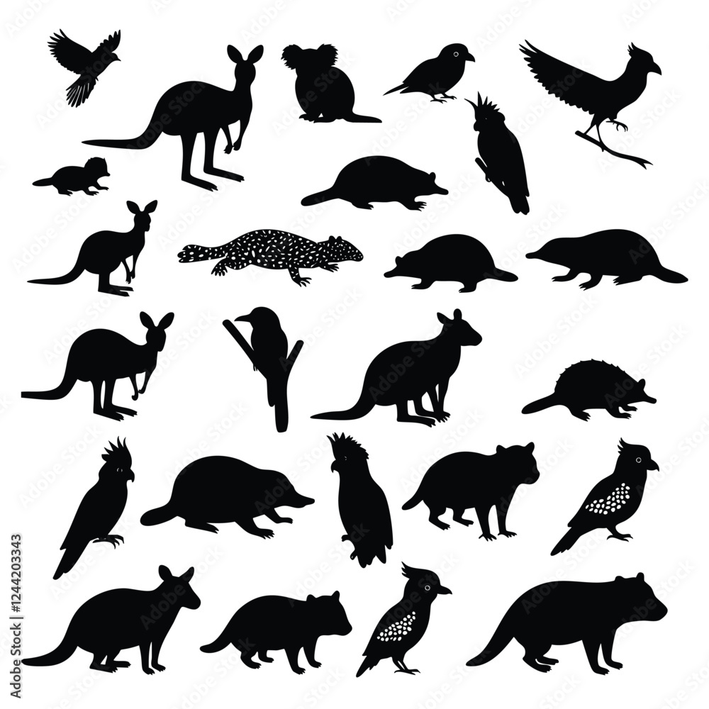 Fototapeta premium A collection of black silhouette illustrations of various Australian animals