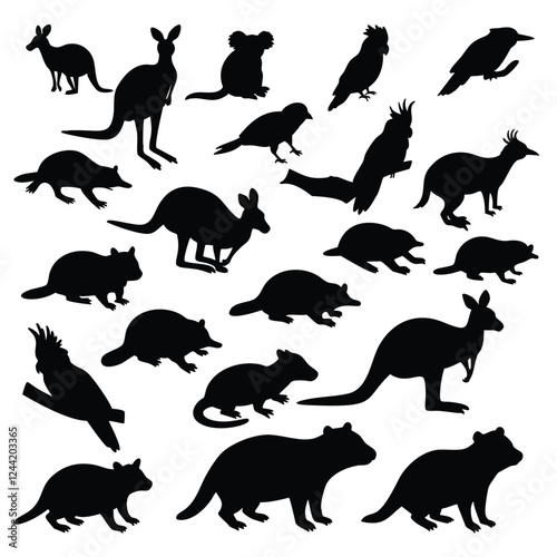 A collection of black silhouette images of various Australian animals