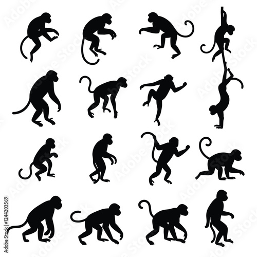 A set of black silhouettes depicting various monkey poses and actions