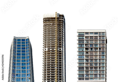Set of modern high-rise residential and commercial buildings with sleek facades and geometric patterns, urban real estate development in a metropolitan district. Isolated on white background.