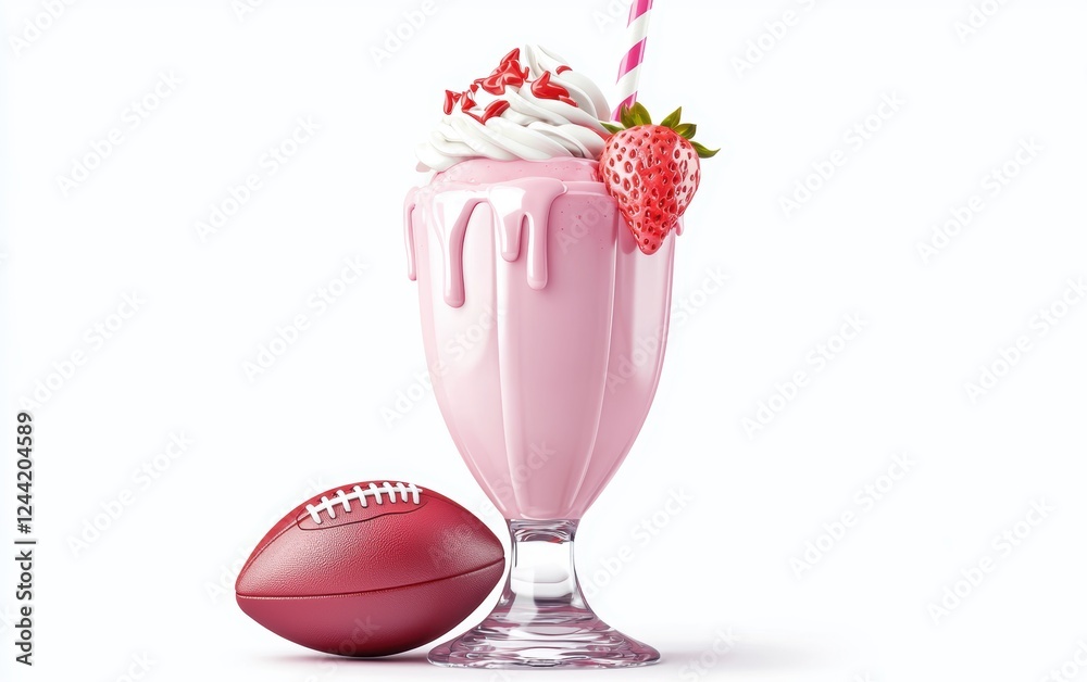 strawberry milkshake with a football for Super Bowl on a white background strawberry milkshake with a football for Super Bowl on a white background
