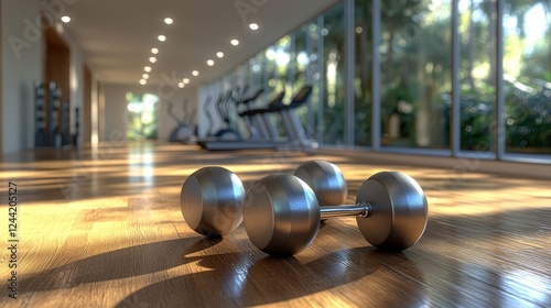 Dumbbells rest on gym floor, sunlight streams through large windows, fitness equipment background, wellness brochure photo