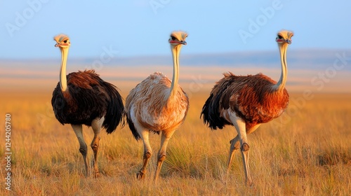 Three ostriches walking in African savanna at dawn; wildlife photography photo