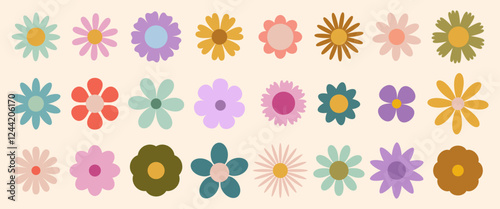 Set of abstract Daisy flowers. Chamomile flat icon, cartoon retro spring flowers. Geometric flower set. Abstract minimal daisy elements.  Botanical summer elements, natural bloom petal. Floral design