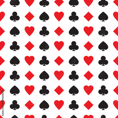 Playing card suits vector illustration background. Classic red and black card symbols.