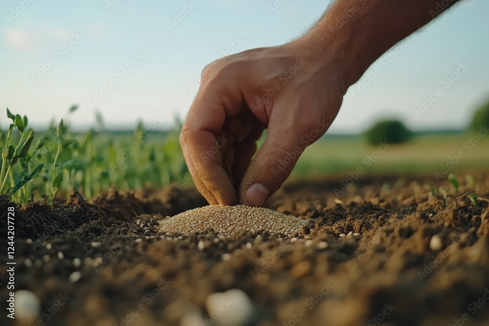 Sowing seeds by hand in a small field during early morning light Sowing seeds by hand in a small field during early morning light