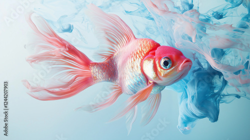 Pink Goldfish Banner on Light Blue Pastel Background with Paint Splashes and Copy Space photo