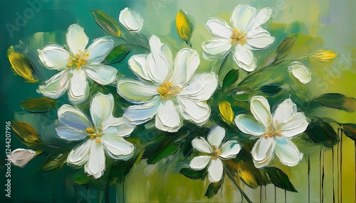 oil painting of white flowers on green canvas palette knife technique hand drawn botanical art