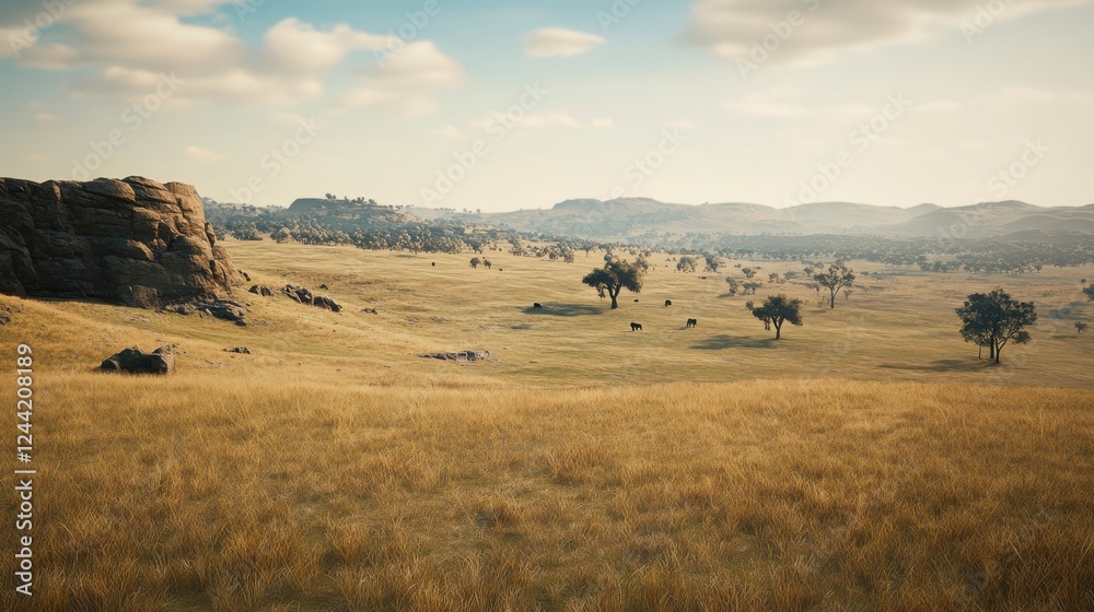 Obraz premium Awe-Inspiring Expansive Savanna Landscape, Golden Grass, and Majestic Trees