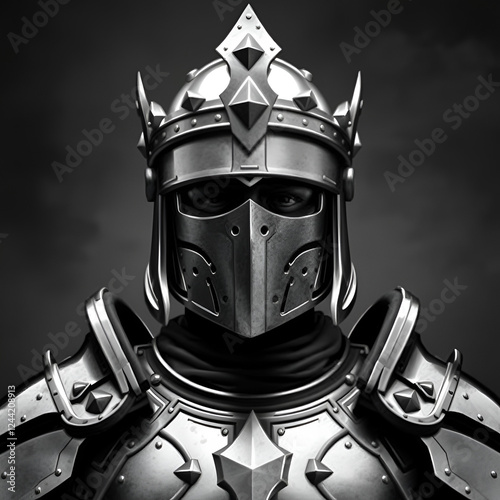 A striking black and white image of an armored figure in a crowned helmet, embodying power and mystique, set against a somber backdrop. photo