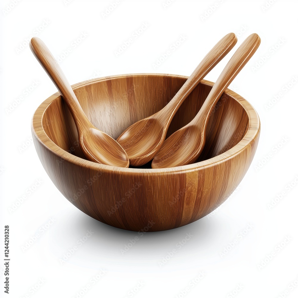 wooden salad bowl with serving spoons, isolated on white wooden salad bowl with serving spoons, isolated on white