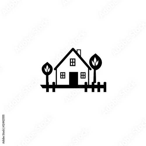 Black house illustration with trees and fence