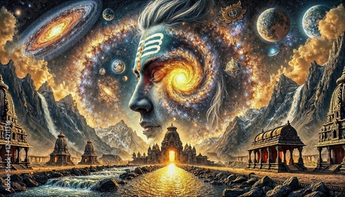 Cosmic Vision of Lord Shiva Amidst Temples and Galaxies
