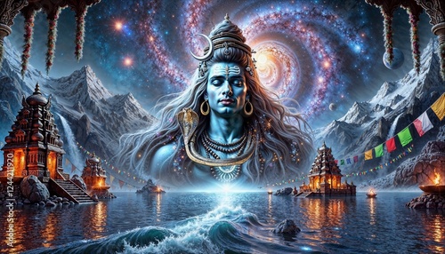 Lord Shiva in a Cosmic Himalayan Setting with Sacred Temples