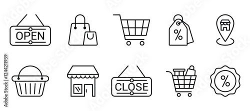Simple Set of Shopping Related Vector Line Icons. Contains such Icons as shopping cart, basket, map pin location, sale, price tag, grocery, bag, discount, open and close sign, market, promotion.