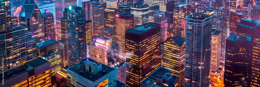 Fototapeta premium Night cityscape with illuminated skyscrapers in purple, orange, and blue tones. Urban skyline at night, vibrant city lights from a high angle.