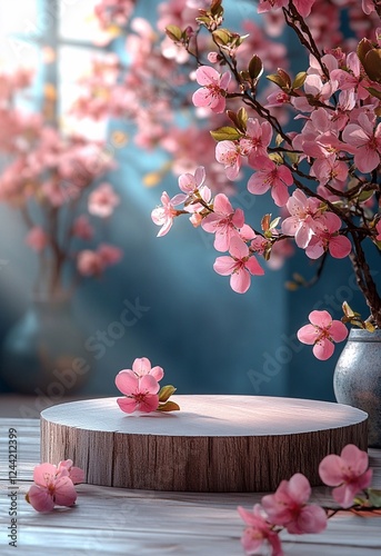 Empty white rectangle poster mockup with spring flowering tree branch with white flowers on pastel beige background. Flat lay, top view minimal pedestal for beauty, cosmetic product presentation