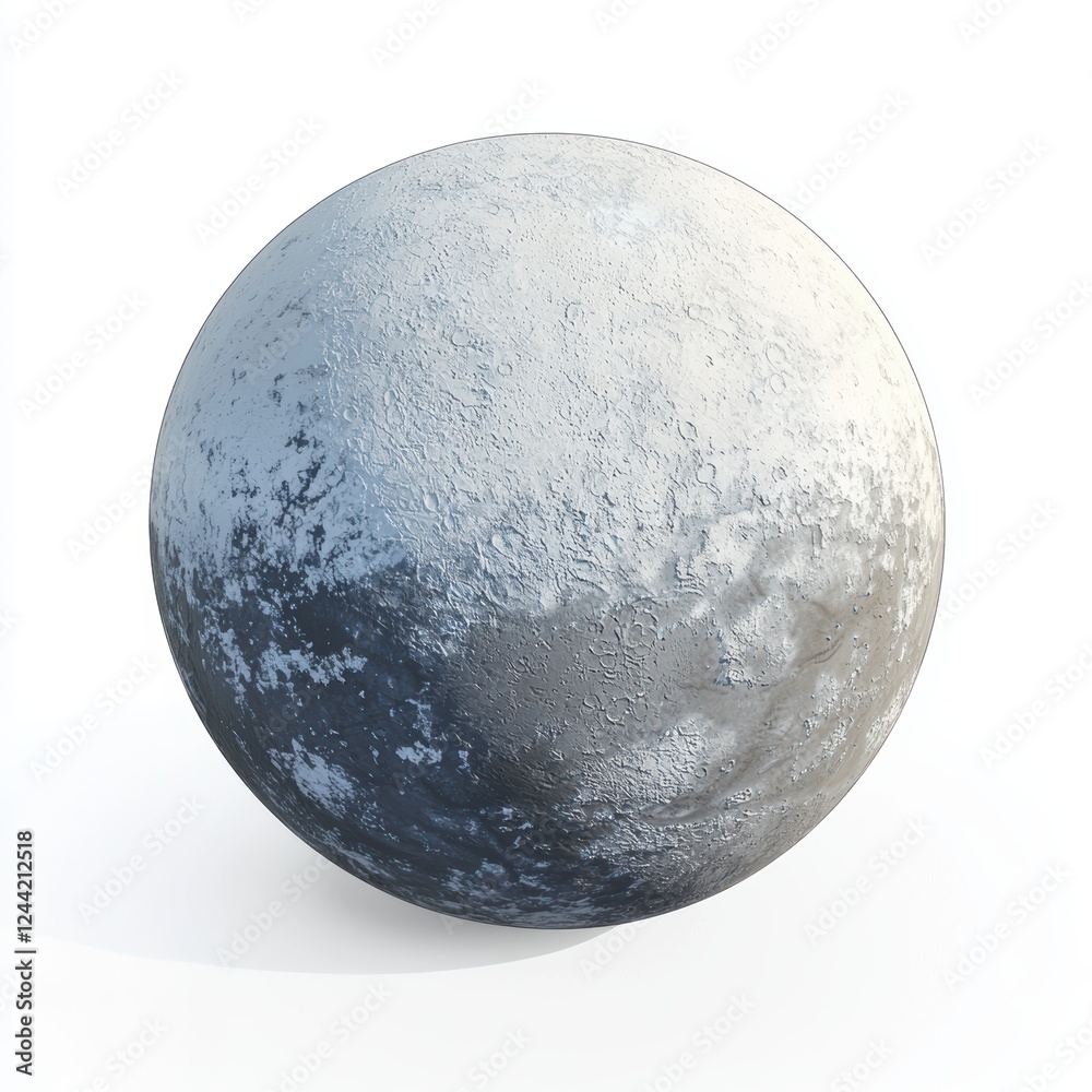 of Eris, a distant dwarf planet with a bright icy surface, reflecting sunlight on a white background