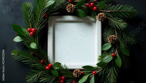 Square white frame surrounded by wild wreath of evergreen leaves pine branches holly berries