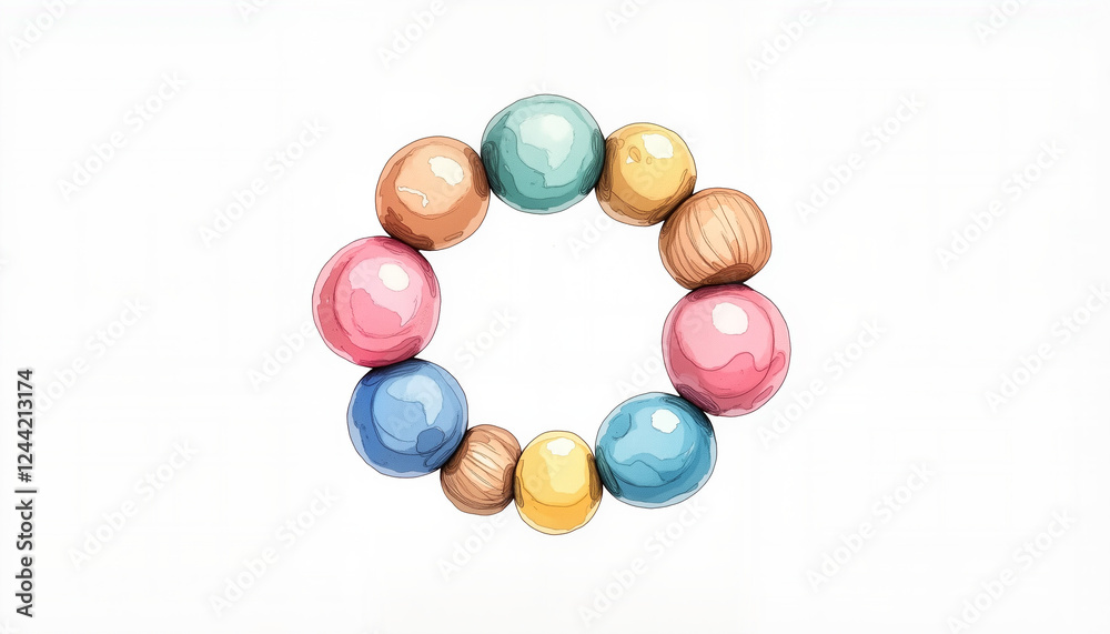 Fototapeta premium Colorful baby teething ring illustration on white background, childhood joy