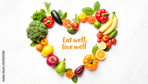 Vibrant heart-shaped arrangement of fresh fruits and vegetables, health motivation, World Health Day