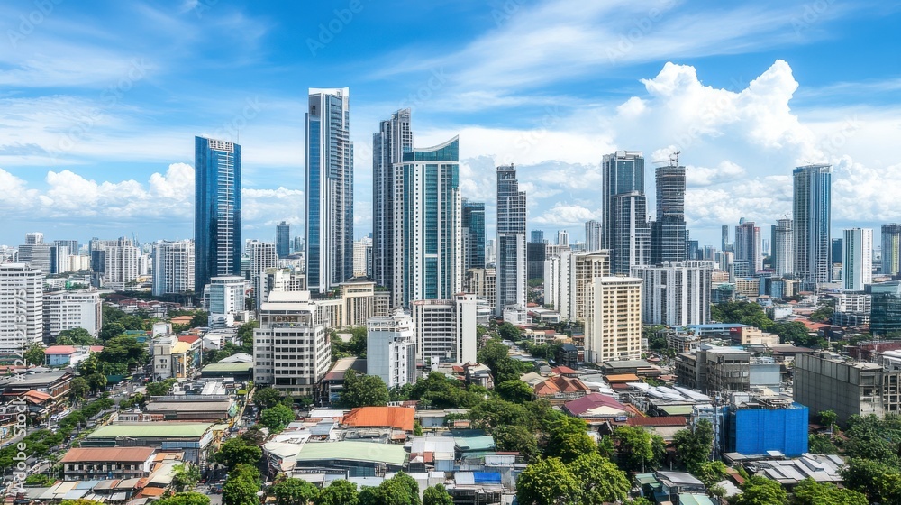 Naklejka premium Stunning Aerial View of a Modern Metropolis; A Panoramic Cityscape with Skyscrapers and Urban Development