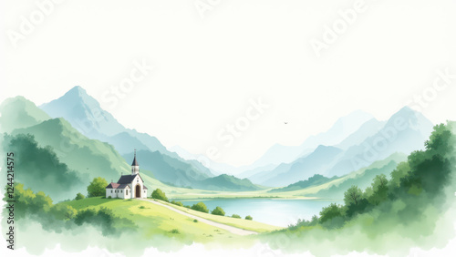 A serene landscape featuring a small church nestled within mountains by a lake.