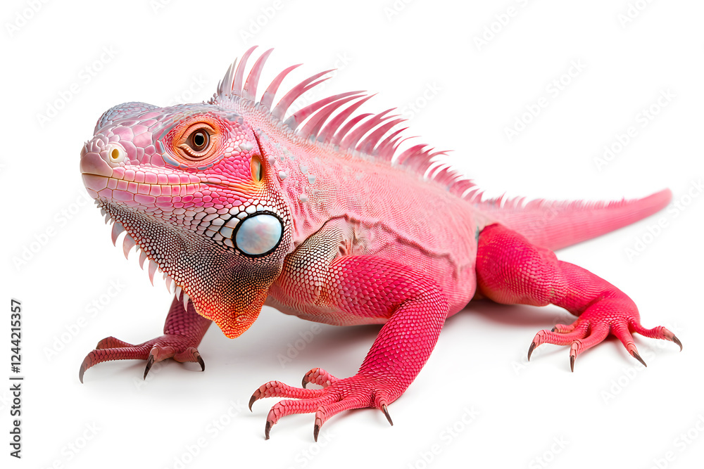 Fototapeta premium Rainbow color reptilian Iguana sitting on white backdrop