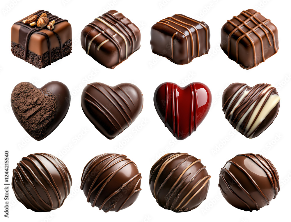 set of different chocolates candy in round, square, heart shape with chocolate drizzle isolated on a transparent background set of different chocolates candy in round, square, heart shape with chocolate drizzle isolated on a transparent background