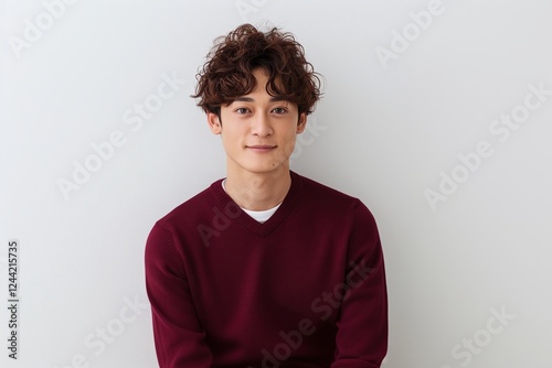 Smiling young man in dark red crewneck sweater against light background, warm and approachable studio portrait ideal for casual fashion, editorial, and lifestyle branding

