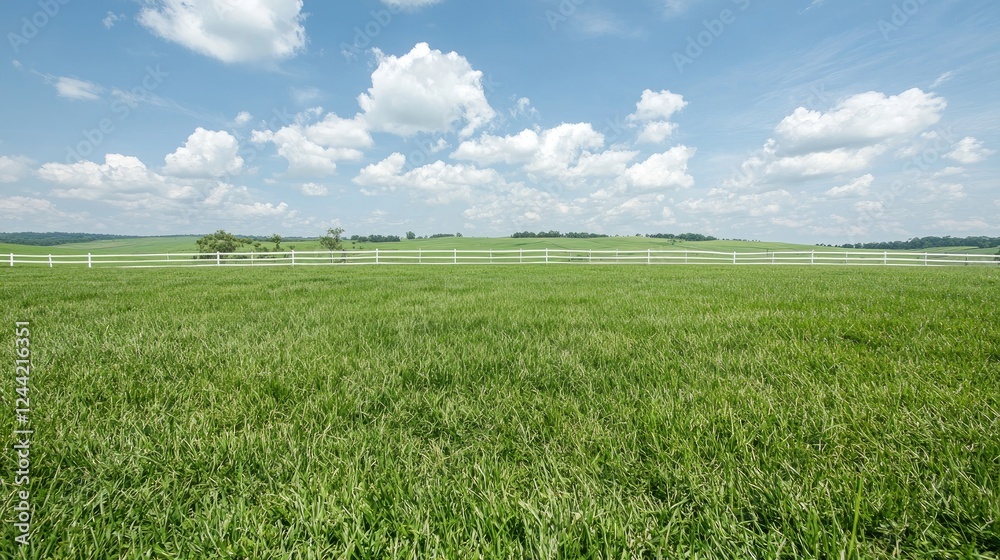 Obraz premium Green pasture, rolling hills, blue sky, idyllic farmland