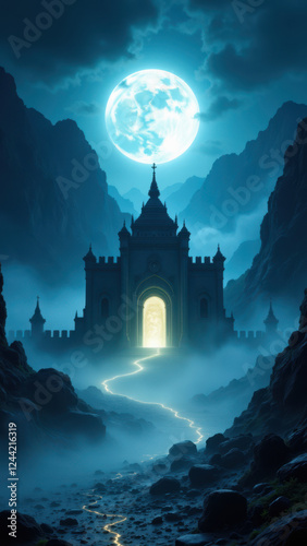 A majestic gothic cathedral at night with a full moon, surrounded by mountains and a mystical atmosphere.