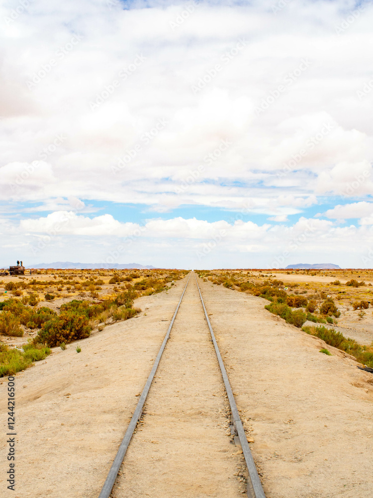 Fototapeta premium View of an abandoned train track in Uyuni desert Bolivia