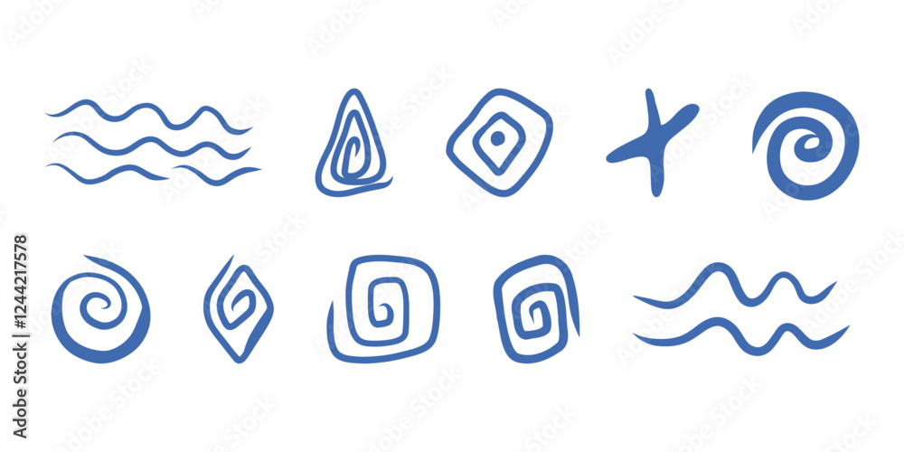Set of Blue Abstract ornament elements, squiggly lines and waves, motifs, lines